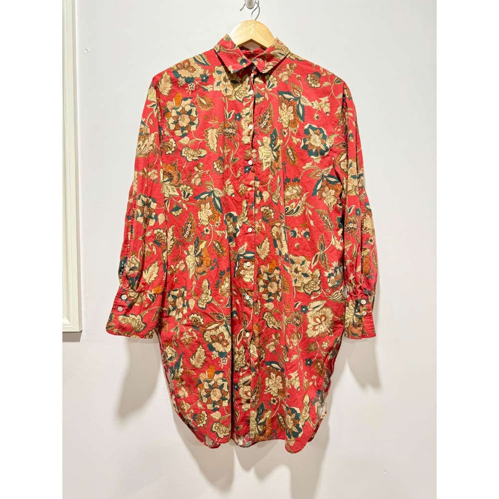 Zara Red Floral Button Down Tunic Mini Shirt Dress Long Sleeve Side Slit Small